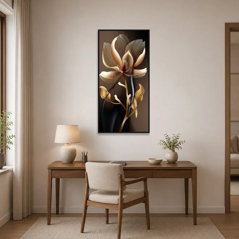 Stylish home-office adorned with an elegant gold flower accent piece.