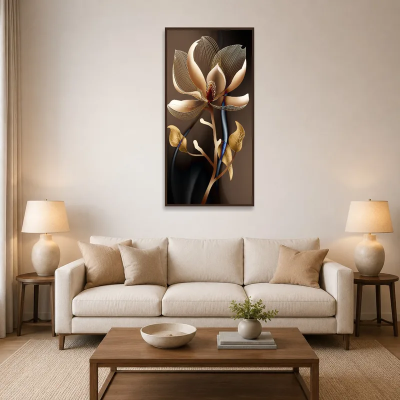 Gold flower art brightens a cozy living room with a dark-themed design.
