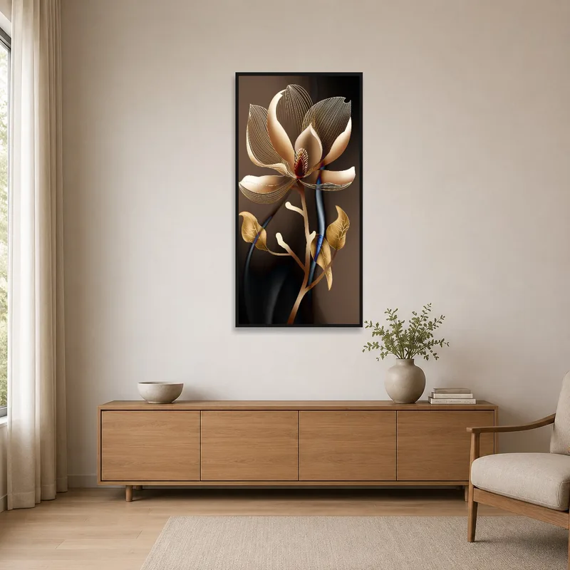 Minimalist space enriched by elegant gold flower artwork on the wall.