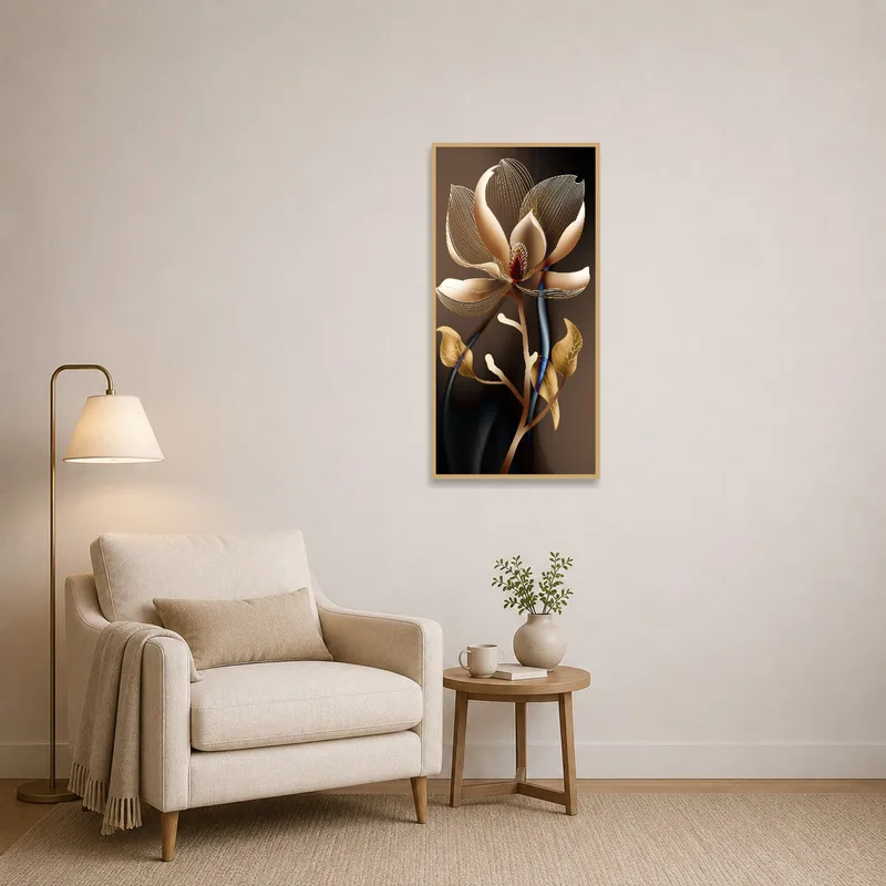 Tranquil reading corner enhanced by a chic gold flower wall piece.
