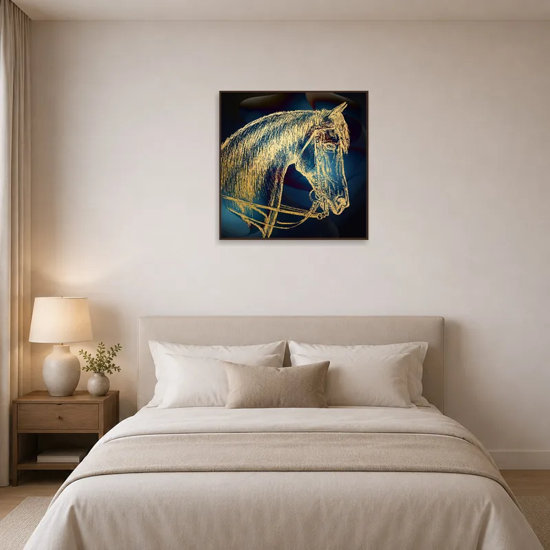 Gold horse print enhances tranquility in a peaceful bedroom ambiance.