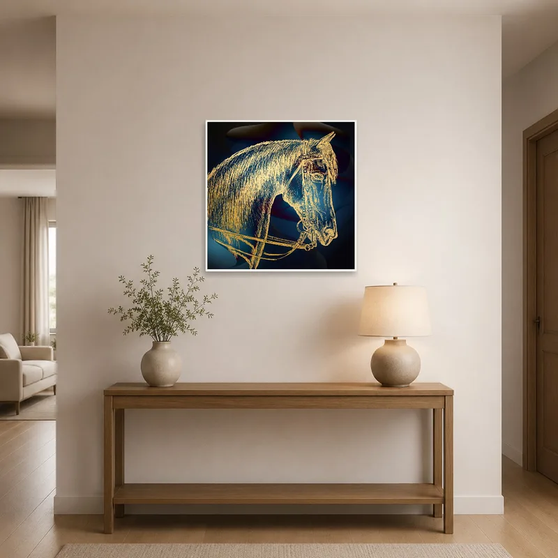Horse sketch welcomes guests in an elegant entrance hall setting.