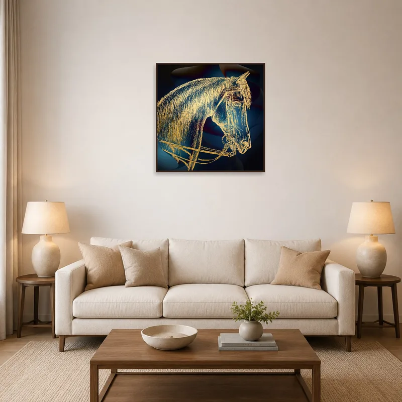 Elegant gold horse sketch hung above a cozy couch in a stylish living room.