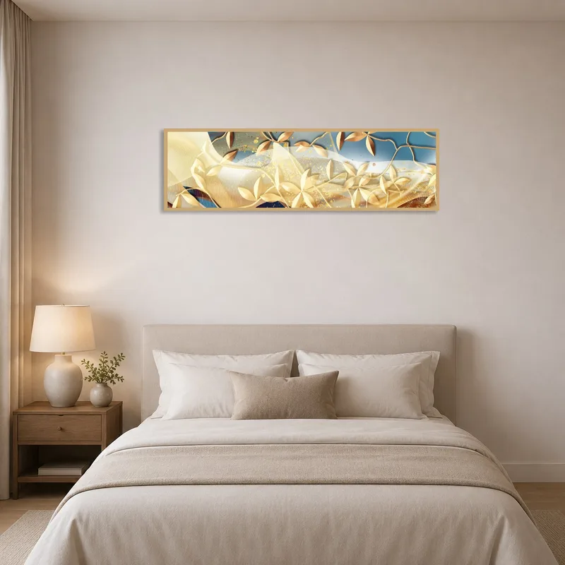 Abstract gold leaf art enhancing the tranquility of a bedroom.