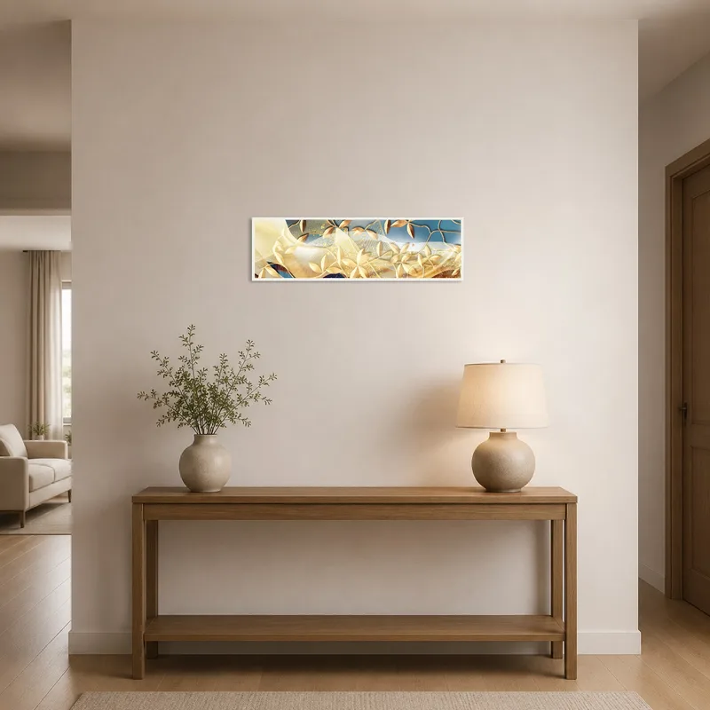 Elegant gold leaf art greeting guests in a sophisticated entrance hall.