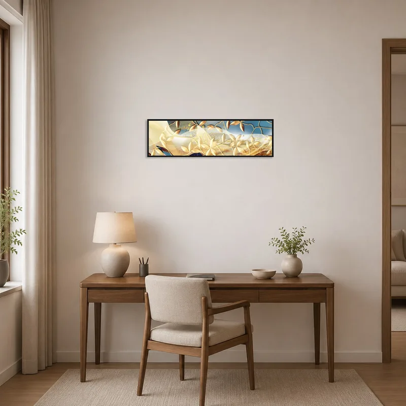 Gold leaf artwork infusing luxury into a stylish home-office.