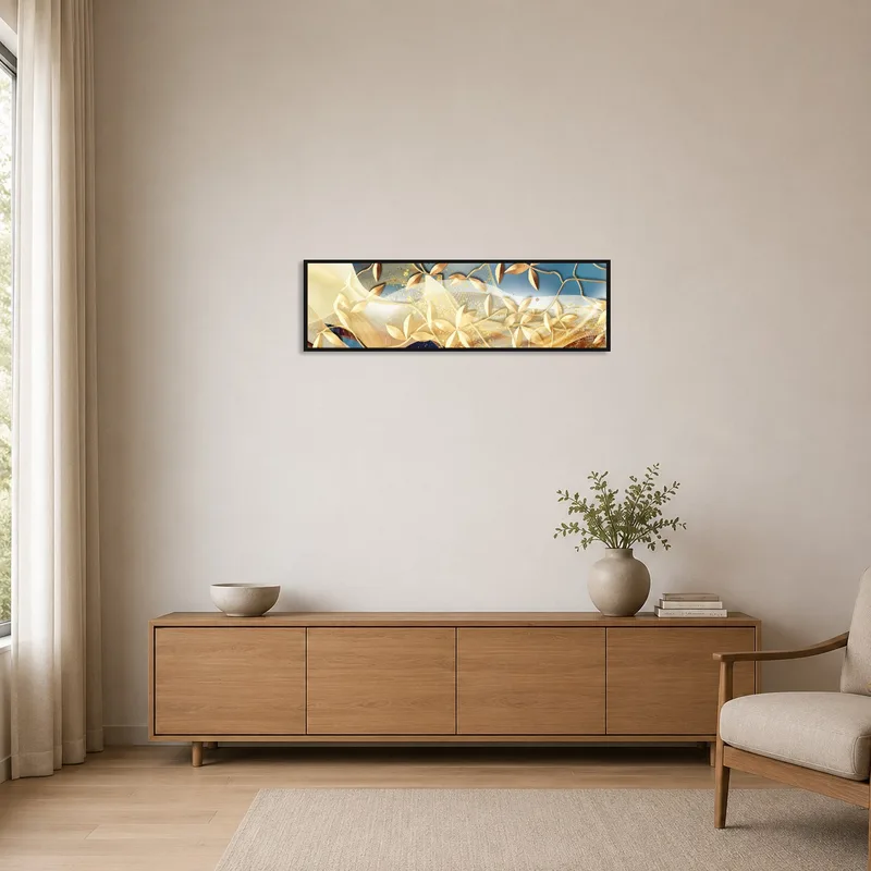 Abstract art with gold leaves in a minimalist room with sleek furniture.