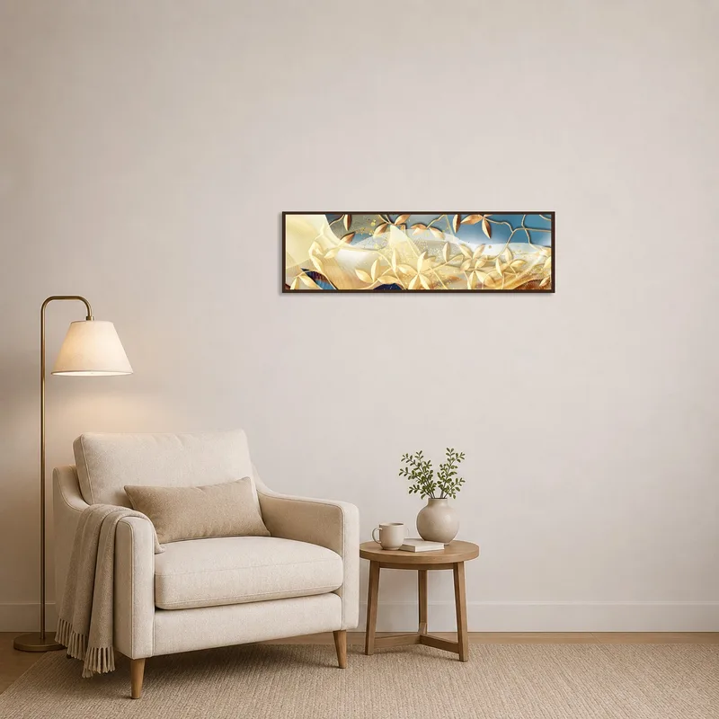 A gold leaf abstract piece adding charm to a cozy reading corner.