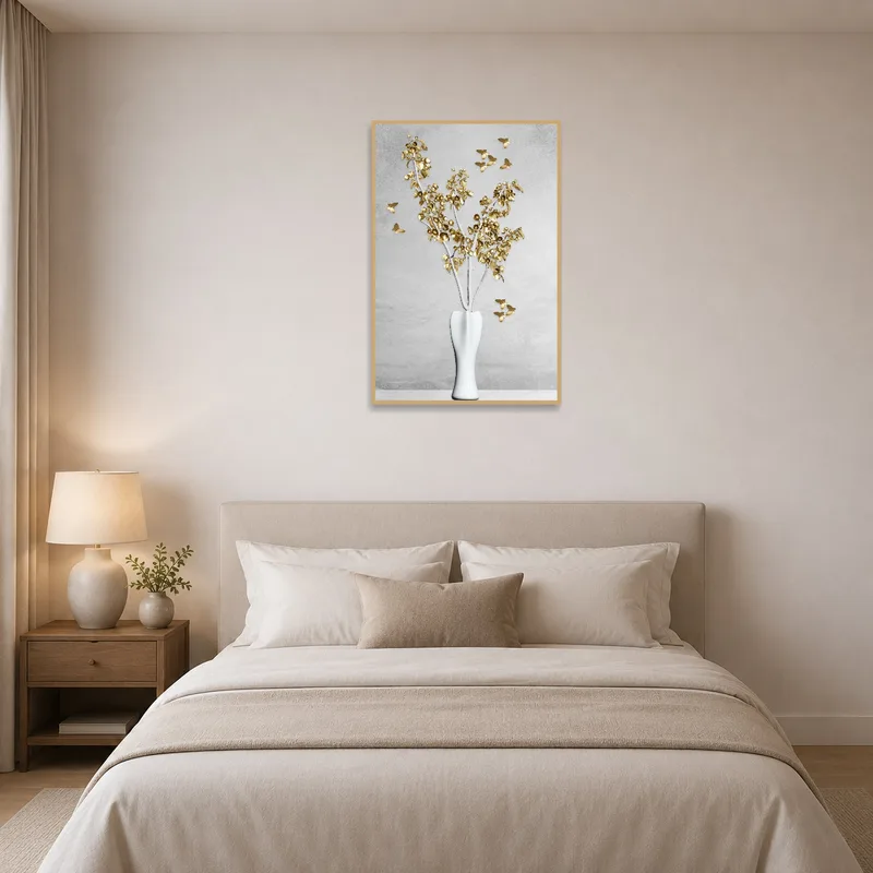 Bedroom gains sophistication with gold leaf and vase artwork.