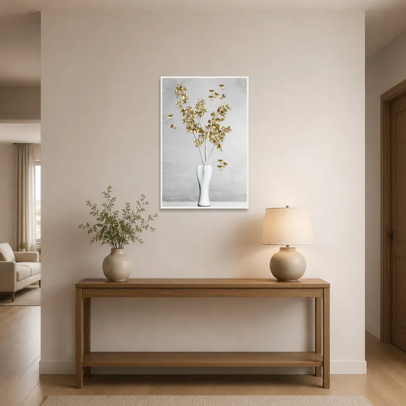 Entrance hall featuring a welcoming gold leaf arrangement piece.