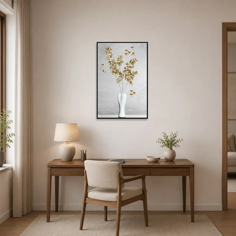 Home office enriched by tasteful gold leaf arrangement piece.