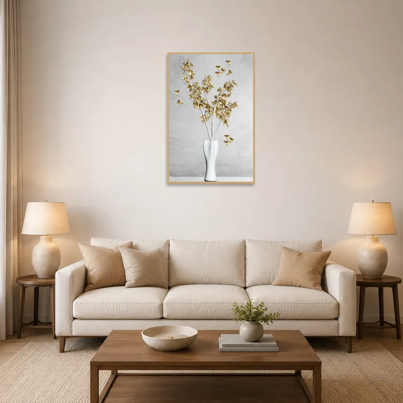 Gold leaf artwork enhances the elegance of the living room space.