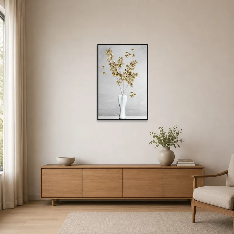 Minimalist room accentuated with gold leaf arrangement artwork.