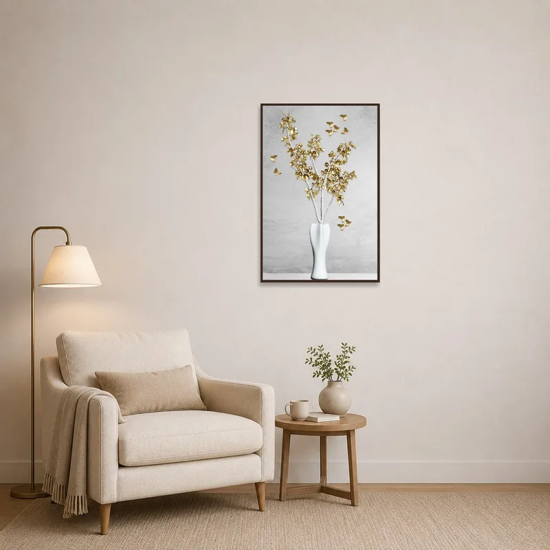 Reading corner subtly brightened by elegant gold leaf art.