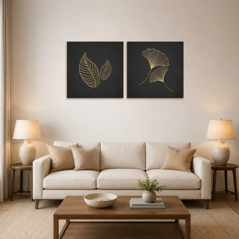 A luxurious gold leaf art set enhances a chic living room decor.