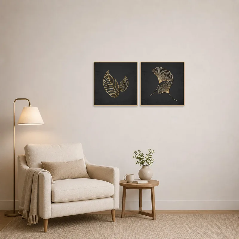 Gold leaf art set in a cozy reading corner creates a sophisticated vibe.