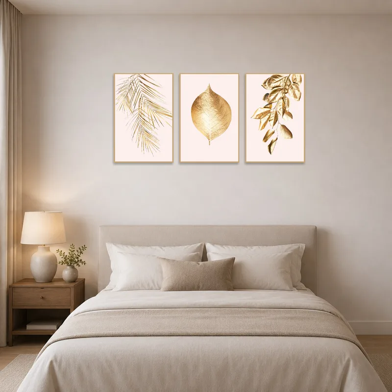 Gold leaf botanical art print set creates a serene atmosphere in the bedroom.