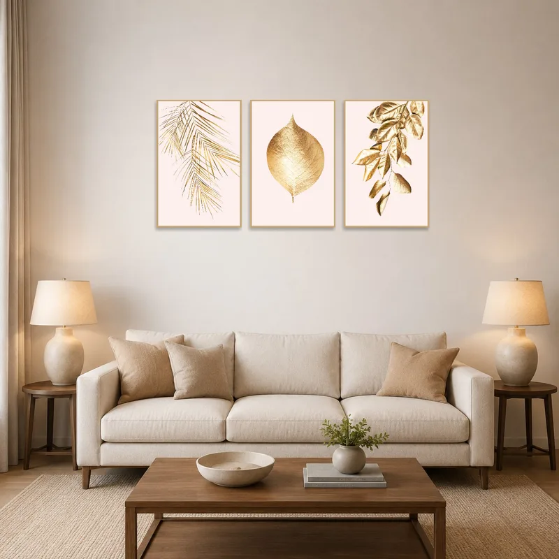 Gold leaf botanical art print set on a living room wall with neutral furnishings.