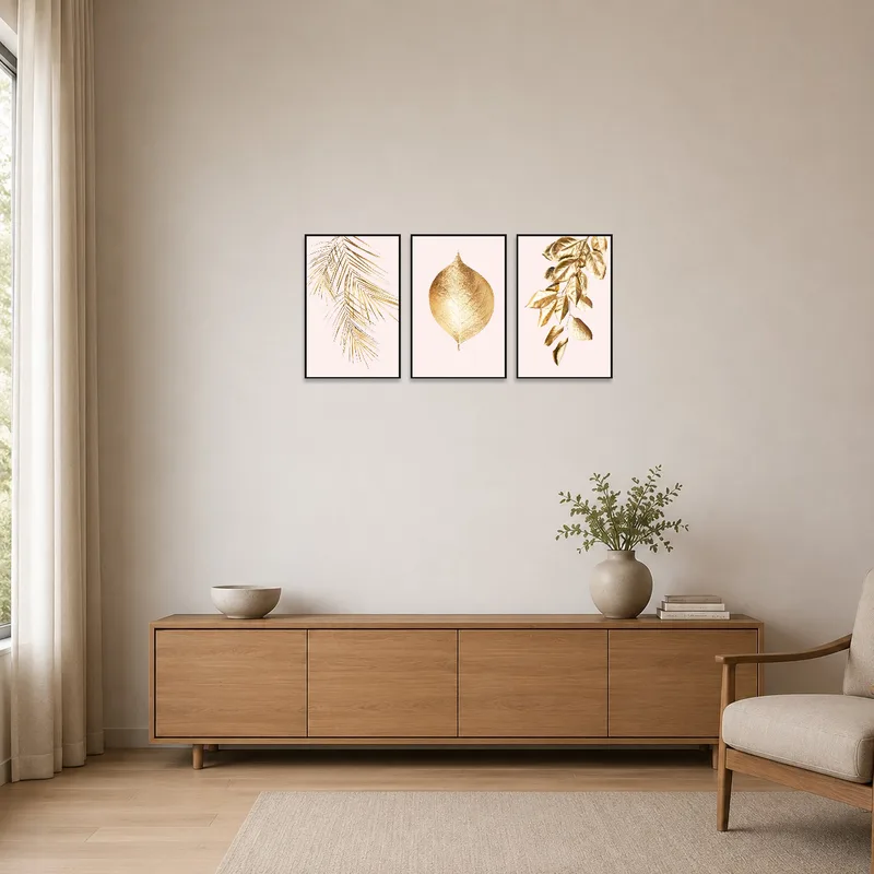 Gold leaf botanical art print set enhances the minimalist room's clean and simple design.
