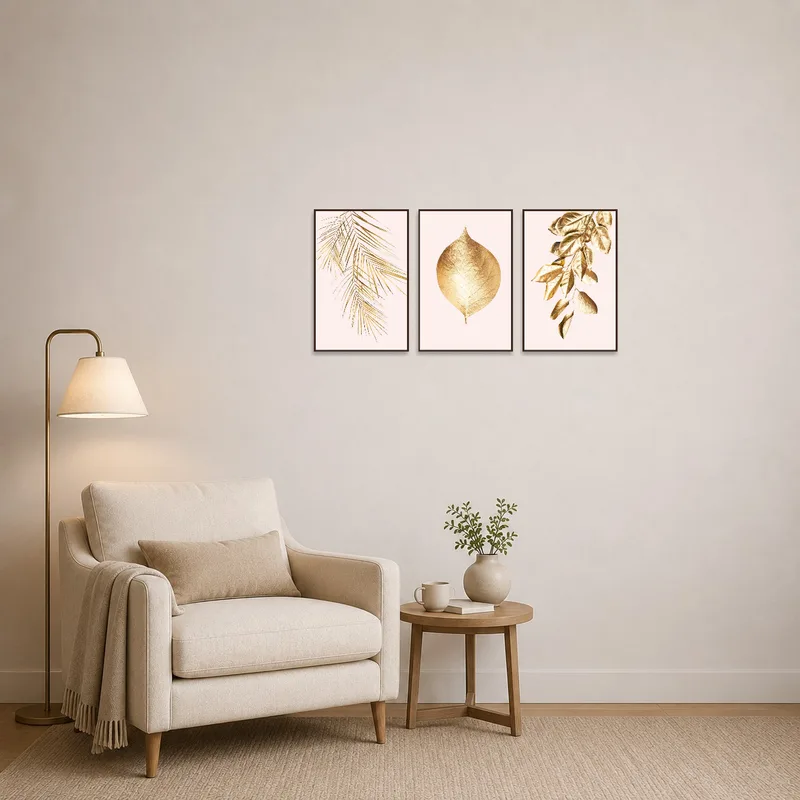 Gold leaf botanical art print set enriches the cozy reading corner ambiance.