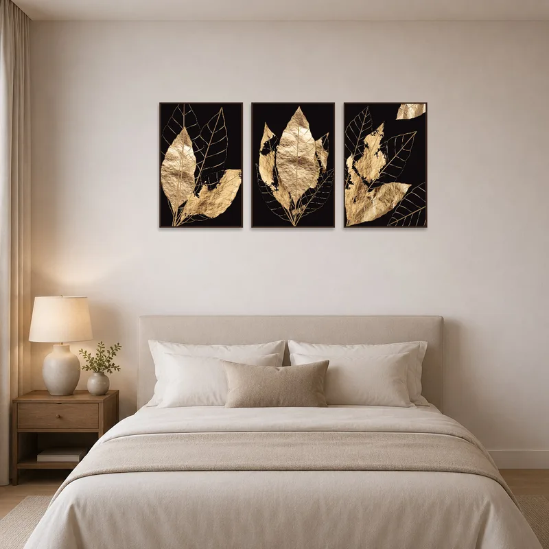 Elegant Gold Leaf Triptych on Black enhancing a tranquil bedroom ambiance.