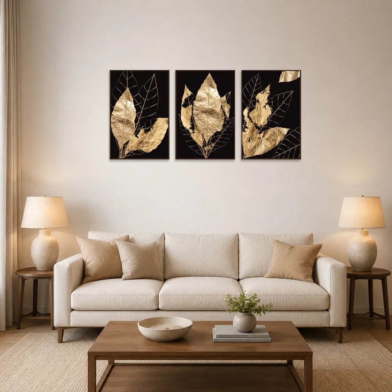 Elegant Gold Leaf Triptych on Black hung above a modern living-room sofa.