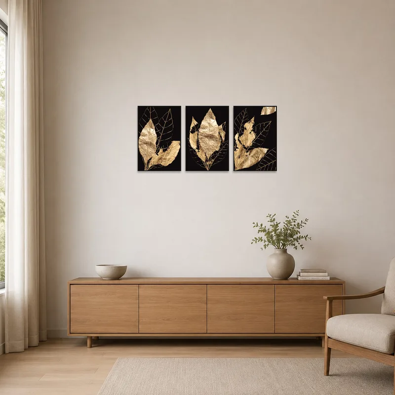 Elegant Gold Leaf Triptych on Black accentuating a minimalist room.