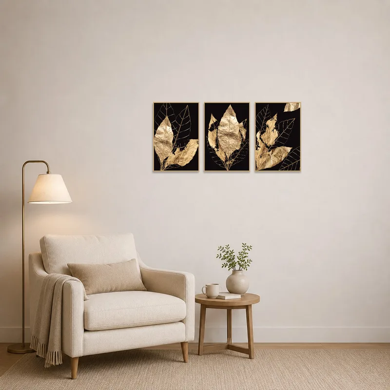 Elegant Gold Leaf Triptych on Black adding charm to a cozy reading corner.