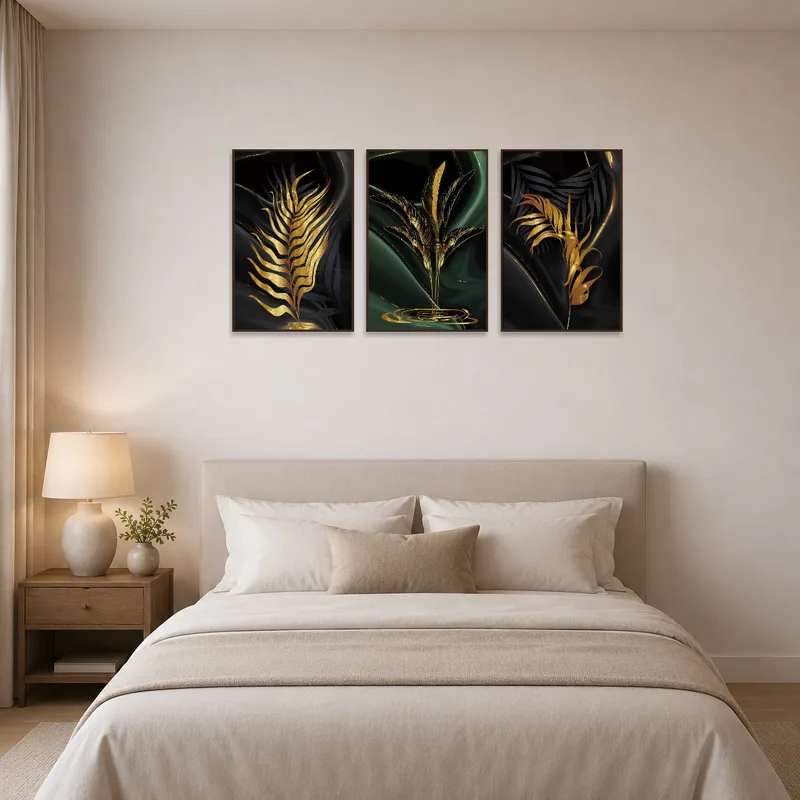 Triptych with gold leaves exudes luxury in a serene bedroom.