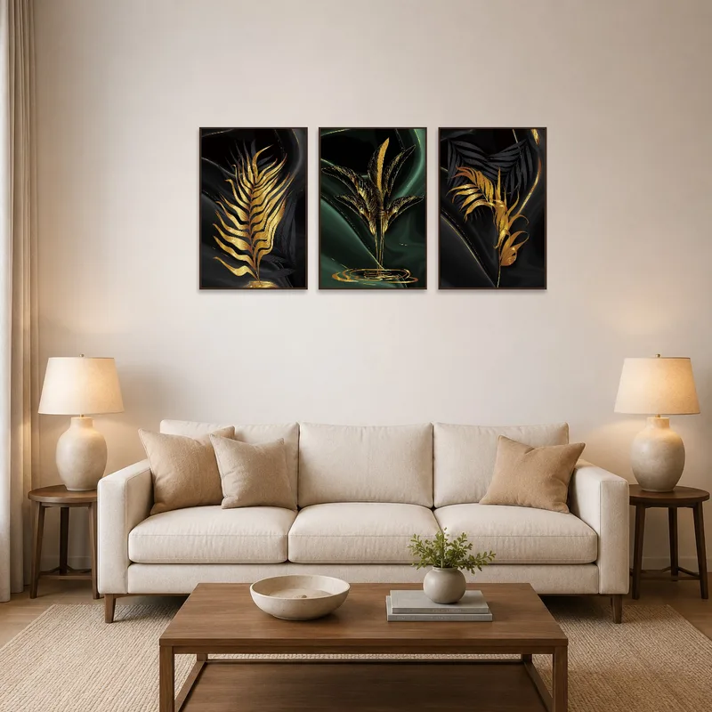 The triptych with gold leaves enhances a chic, modern living room setting.