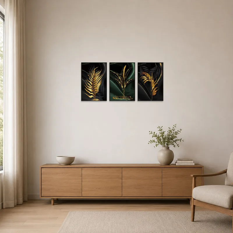 Gold leaf triptych adds sophistication to a minimalist room setup.