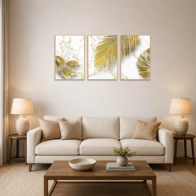 Gold leaf triptych artwork on marble displayed in a chic living room setting.