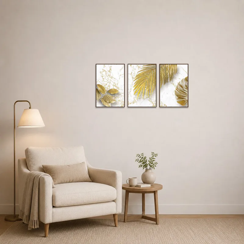 Gold leaf triptych on marble adds a touch of luxury to a cozy reading corner.