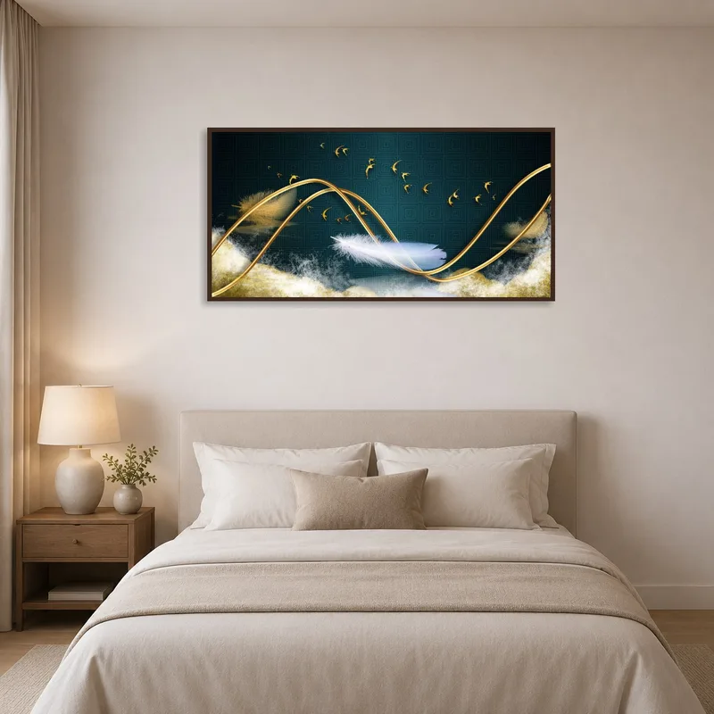 Elegant teal artwork with gold swirls hangs above a plush bed in the bedroom.