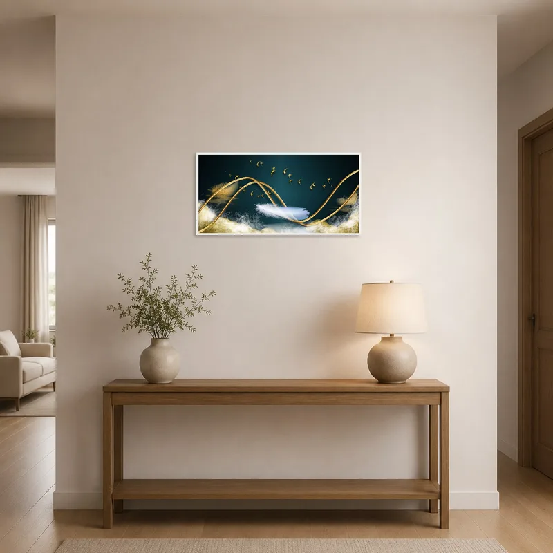 Gold swirl art on teal displayed in a welcoming entrance hall near a console table.