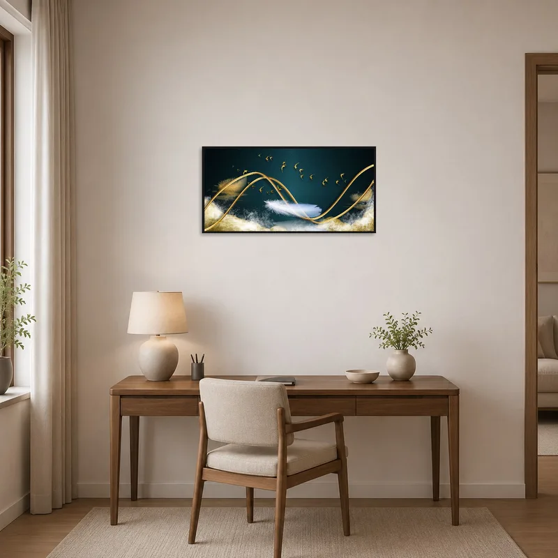 Gold swirl and bird teal artwork adds sophistication to a home office setting.