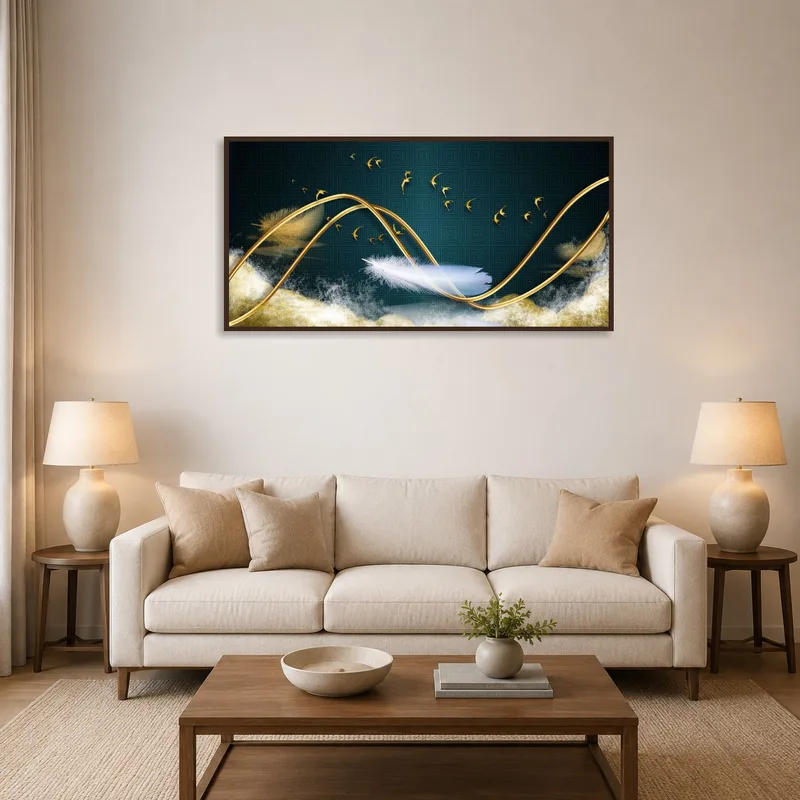 Gold swirl art with birds on teal above a modern sofa in a cozy living room.