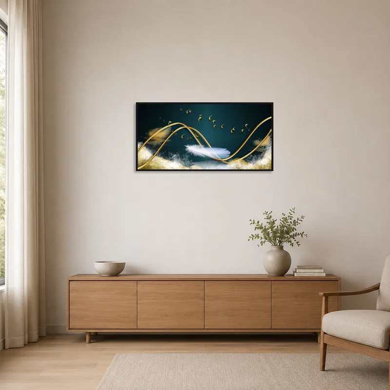 Simple gold swirl art with birds on teal against a clean white wall.
