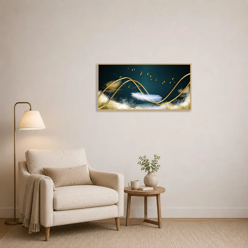 Teal wall art with gold swirls and birds decorates a serene reading corner.