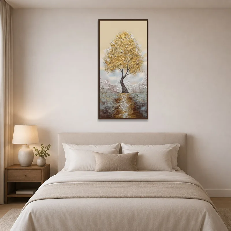 Elegant Gold Tree artwork enhancing the tranquility of a bedroom.