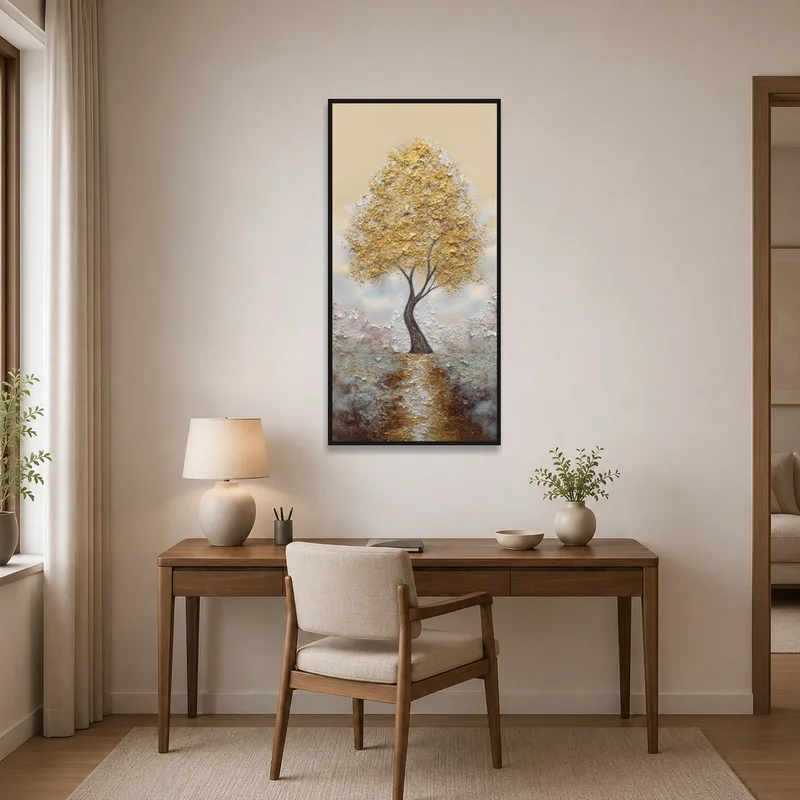 Elegant Gold Tree artwork inspiring creativity in a home office.
