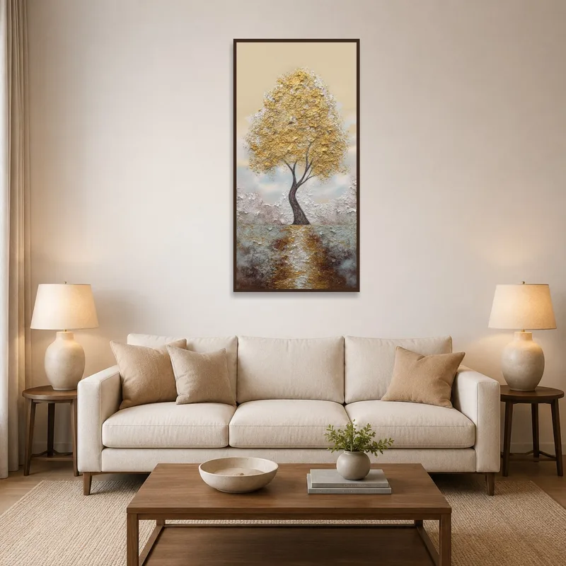 Elegant Gold Tree artwork on a textured wall in a cozy living room setting.