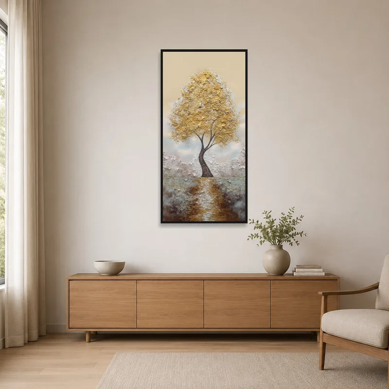 Elegant Gold Tree artwork adding a touch of luxury to a minimalist room.