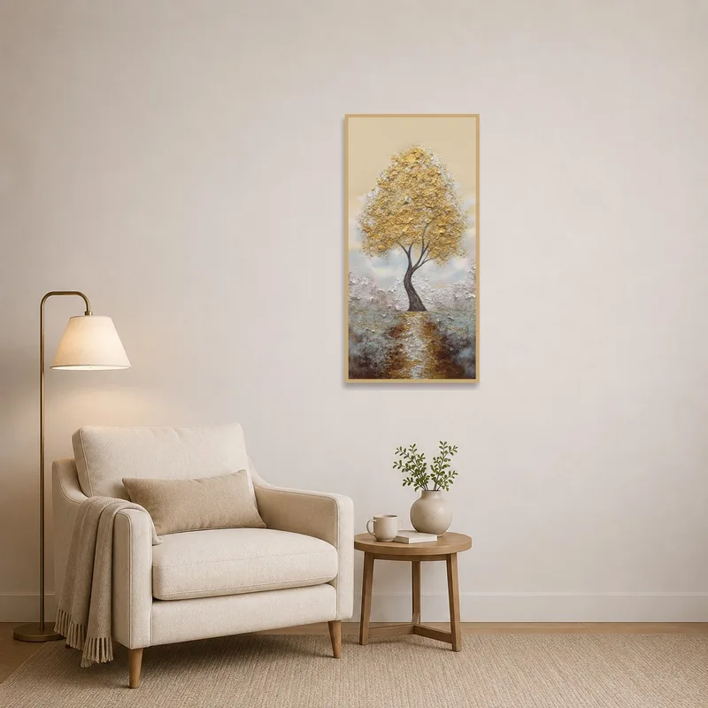 Elegant Gold Tree artwork creating a serene ambiance in a reading corner.