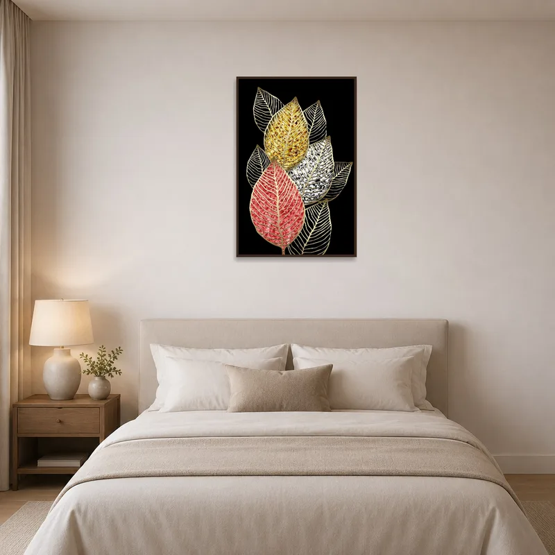 Serene bedroom featuring an elegant gold vein leaf art on a black canvas above the bed.