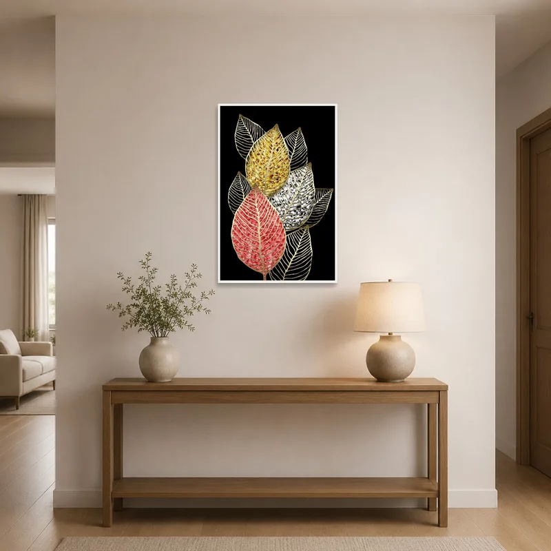 Chic entrance hall adorned with an elegant gold vein leaf art on a black canvas.