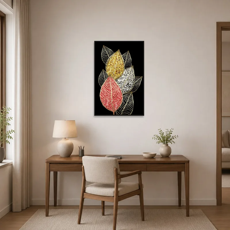 Home office accented by elegant gold vein leaf art on black canvas over the desk.