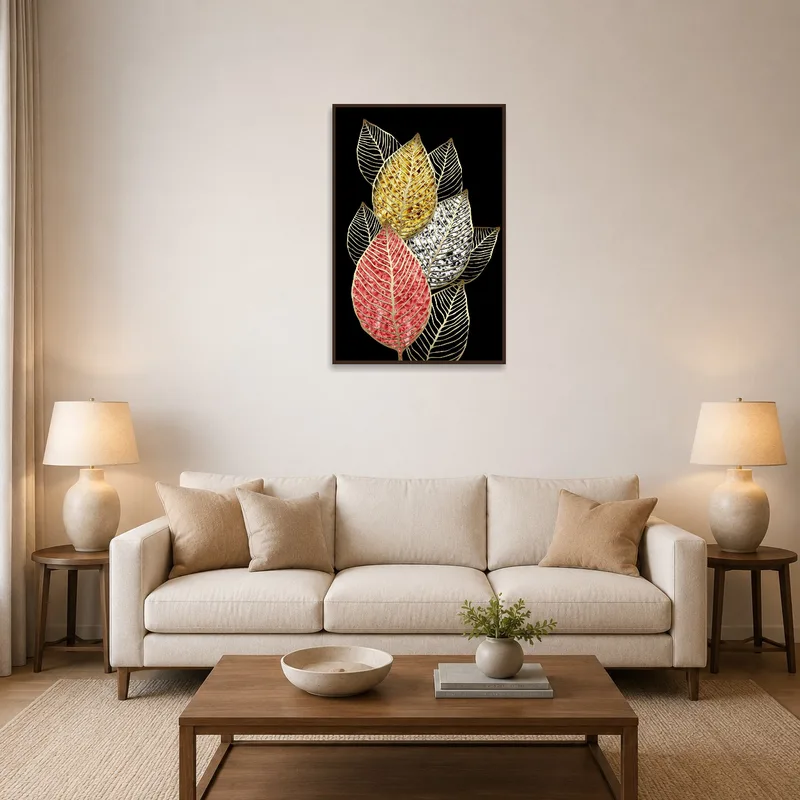Elegant gold vein leaf art on black canvas in a cozy living room with plush sofas.