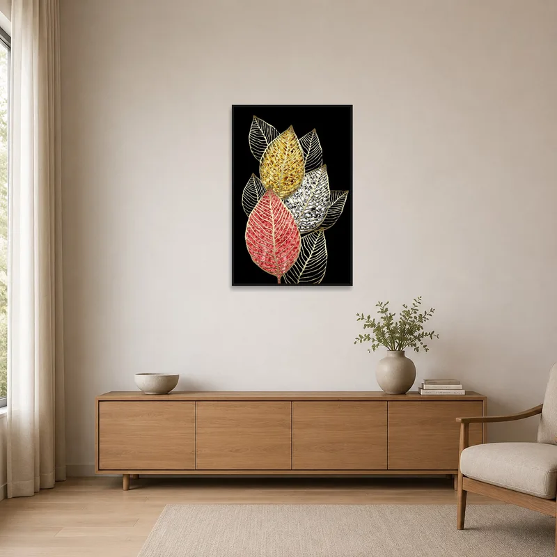 Minimalist room featuring a black canvas with elegant gold vein leaf design on a white wall.
