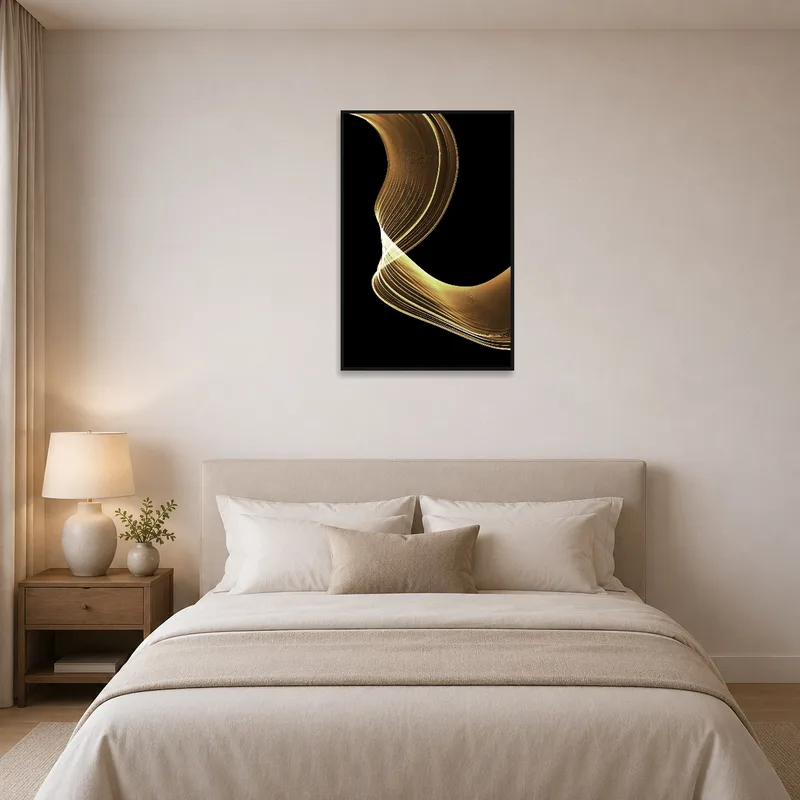 Elegant gold wave abstract art on black enhancing a tranquil bedroom.